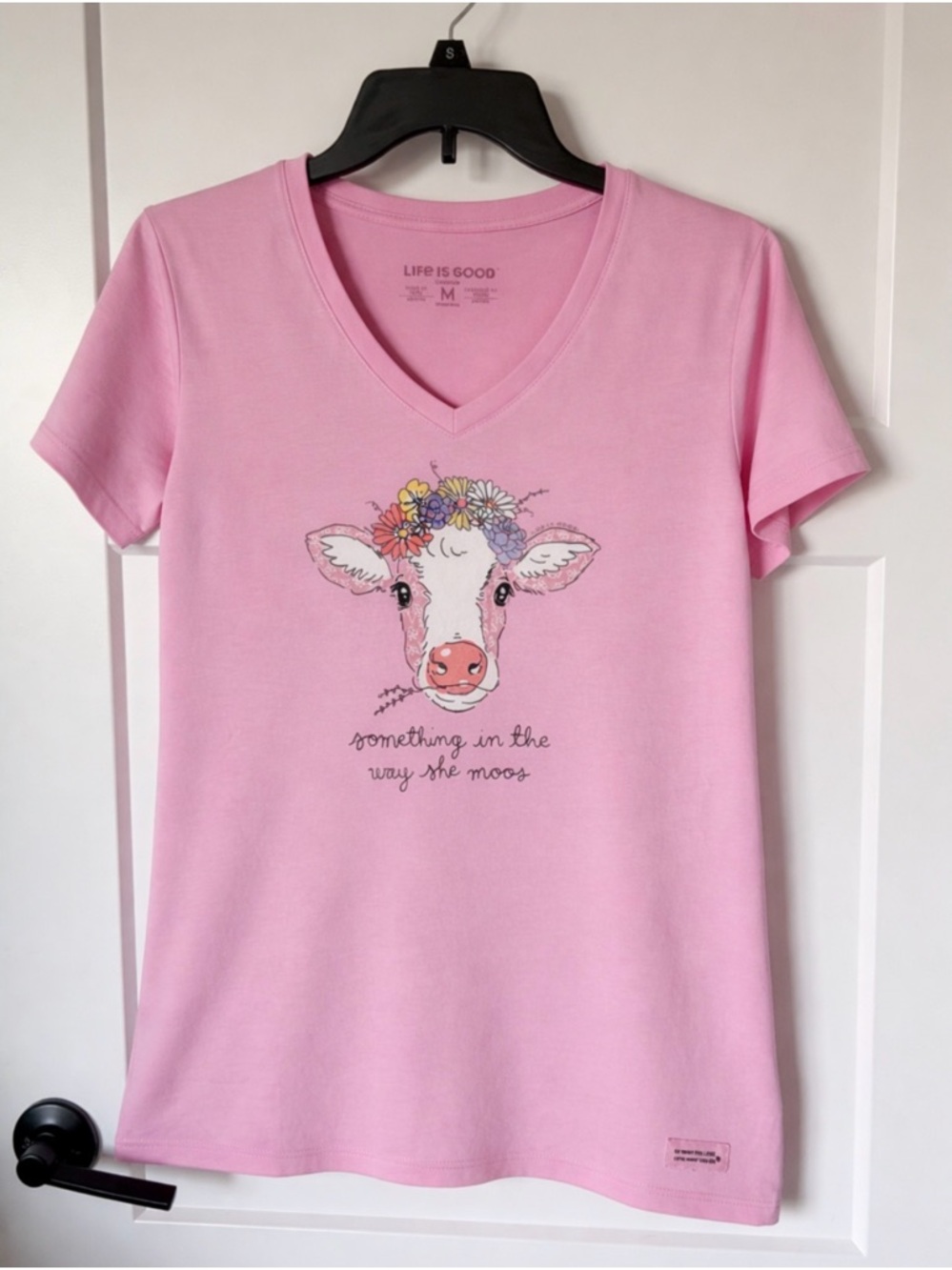 NWT: Life Is Good Pink V-Neck Tee with Floral Crown Cow - Picture 2 of 3